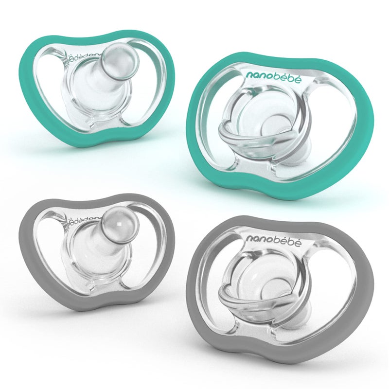 NANOBÉBÉ Nanobebe Active Baby Pacifiers 4-36 Months - Orthodontic, Lightweight and Vented, Curves Comfortably with Face Contour, 100% Silicone - BPA Free, Perfect Baby Registry Gift 4pk, Teal/Grey - Image 1